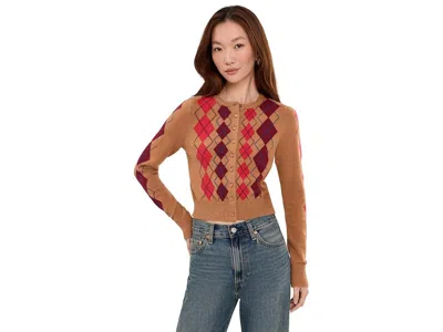 525 America Serena Intarsia Argyle Cardigan Women's Sweater Camel Combo 1: Sm, Nylon/polyester/viscose In Brown