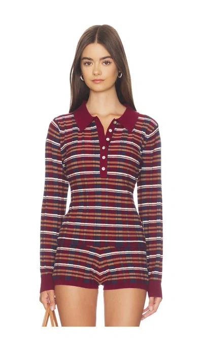 525 America Sienna Plaid Rib Polo Top In Dark Cherry Combo