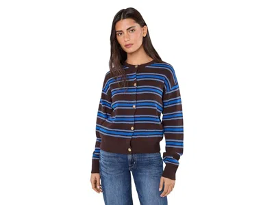 525 America Tove Crew Neck Stripe Cardigan Women's Sweater Chocolate Plum Stripe: Sm, Cotton/nylon In Blue