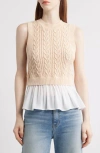 525 Camilia Mixed Media Cable Stitch Cotton Sweater Vest With Peplum In Sand Dollar