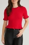 525 Mixed Stitch Ruffled Trim Sweater In Cherry Red Multi