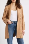 525 Peggy Cable Stitch Longline Open Front Cardigan In Brown