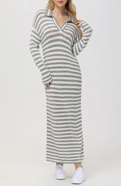 525 Raya Stripe Long Sleeve Polo Sweater Dress In Smoke Grey Multi