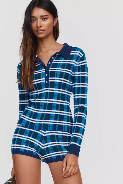 525 Sienna Plaid Ribbed Polo Top In Blue