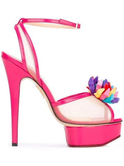 Charlotte Olympia Woman Mesh-paneled Embellished Leather Sandals Bright Pink
