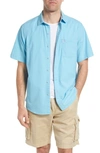 Tommy Bahama Nova Wave Stretch Short Sleeve Seersucker Button-up Shirt In Turquoise Haze