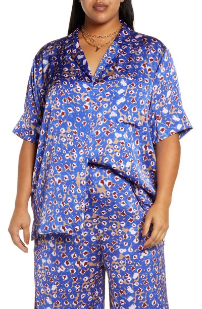 Open Edit Satin Camp Button-up Shirt In Blue Dazzle Zoe Dot