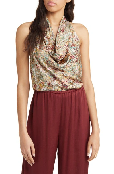 Open Edit Cowl Neck Satin Tank In Cargo Confetti