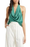 Open Edit Cowl Neck Satin Tank In Green Cargo