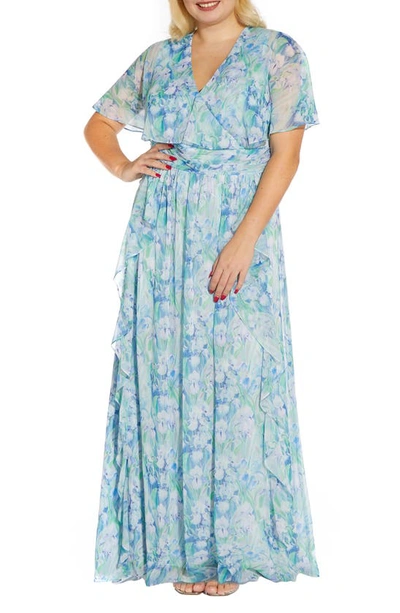 Adrianna Papell Floral-print Chiffon Gown In Blue Multi
