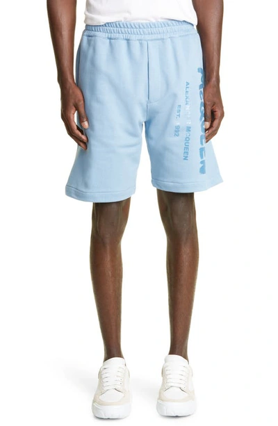 Alexander Mcqueen Bermuda Shorts With Graffiti Logo Print In Sky Blue