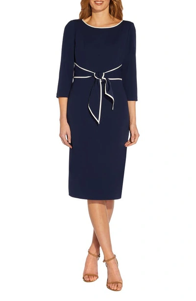 Adrianna Papell Tie Waist Crepe Sheath Dress In Navy Sateen/ Ivory