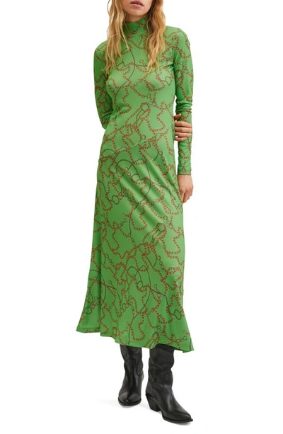 Mango Chain Print Long Sleeve Dress In Green