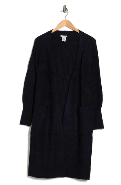 Sweet Romeo Long Sleeve Ribbed Duster Cardigan In Denim Blue