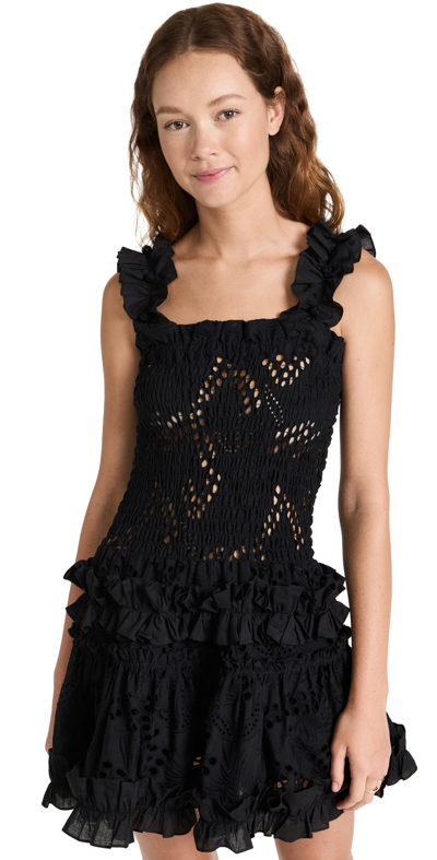 Waimari Alfresco Shirred Ruffled Broderie Anglaise Cotton Mini Dress In Black