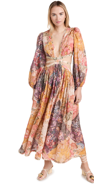 Zimmermann Floral Print Long Sleeve Cutout Cotton Maxi Dress In Multi