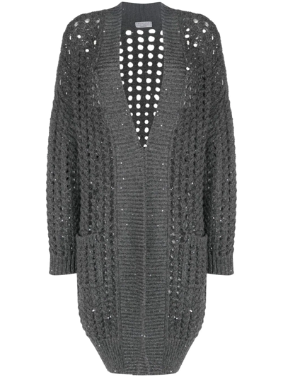Brunello Cucinelli Open-knit Sequin-embellished Cardi-coat In Grey