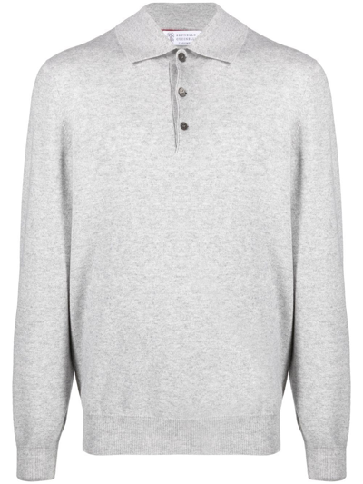 Brunello Cucinelli Long-sleeve Cashmere Polo Shirt In Gray