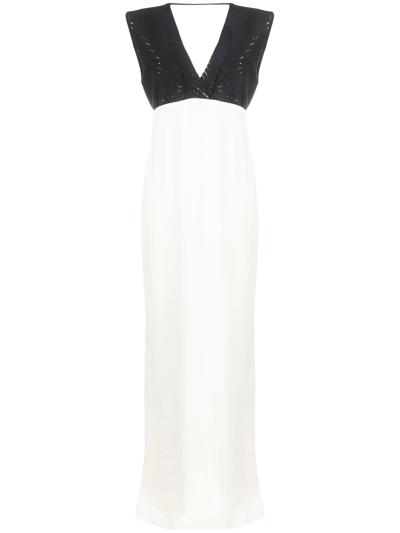 Brunello Cucinelli Two-tone Mixed-media Column Gown In Chacoal Panama