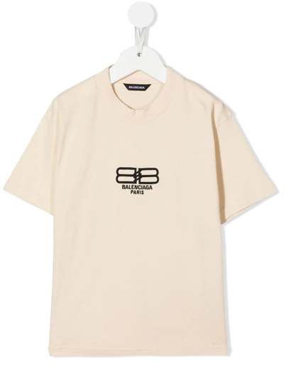 Balenciaga Kids' Bb Paris Icon Cotton T-shirt In Beige/ Black