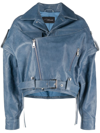 Manokhi Calf Leather Biker Jacket In Blue