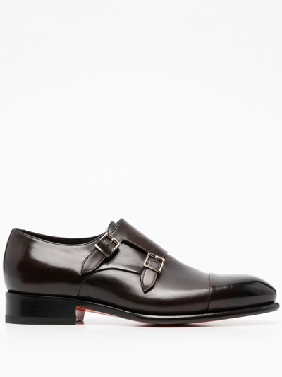Santoni Double-buckle Leather Shoes In Dark Brown