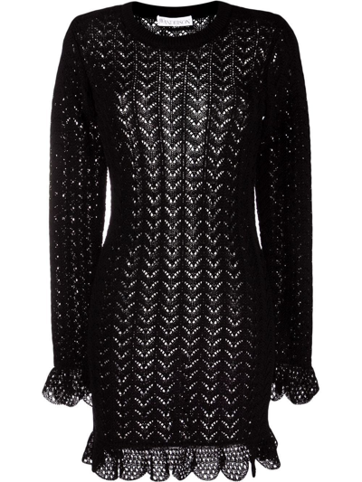 Jw Anderson Frill Detail Long Sleeve Crochet Effect Dress In Nero