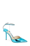 Jimmy Choo Saeda Metallic Leather Crystal Anke-strap Pumps In Blue