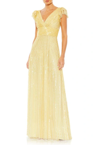 Mac Duggal Embellished Flutter Cap Sleeve A Line Gown In Butter Cream