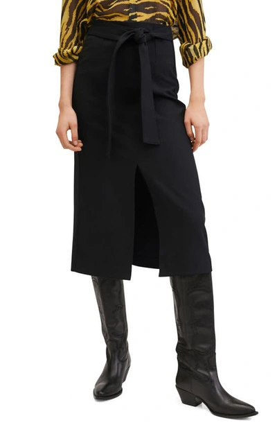 Mango Slit Front Belted Skirt In Black