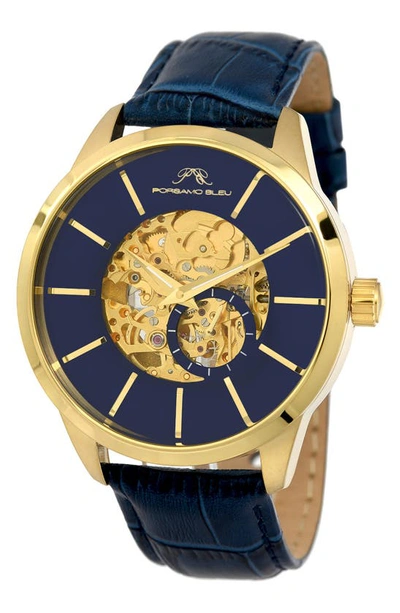 Porsamo Bleu Cassius Automatic Croc Embossed Leather Strap Watch, 45mm In Gold