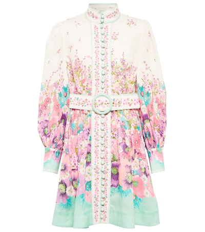 Zimmermann Jude Belted Floral-print Linen Mini Dress In White,pink,green