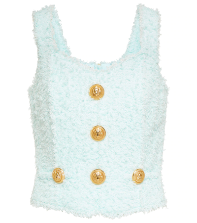 Balmain Button-detail Tweed Cropped Top In Blue