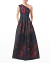 Kay Unger One-shoulder Pleated Jacquard Gown In Teaberry