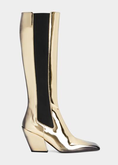 Prada Stivale Metallic Knee Boots In Platino