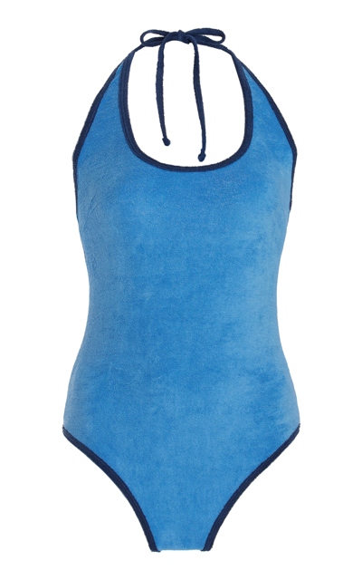 Lisa Marie Fernandez Amber Halterneck Piped Cotton-blend Terry Swimsuit In Blue