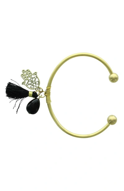 Olivia Welles Feather And Tassel Charm Cuff In Burnished Gold / Black