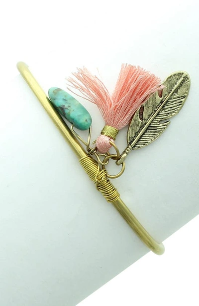 Olivia Welles Feather And Tassel Charm Cuff In Burnished Gold / Turquoise
