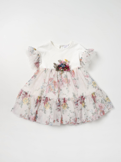 Monnalisa Kids' Dress With Floral Print Ruffles In White