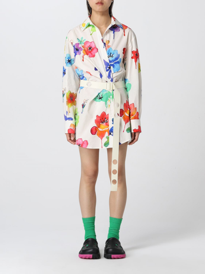Off-white Belted Floral-print Cotton-poplin Mini Shirt Dress In Default Title
