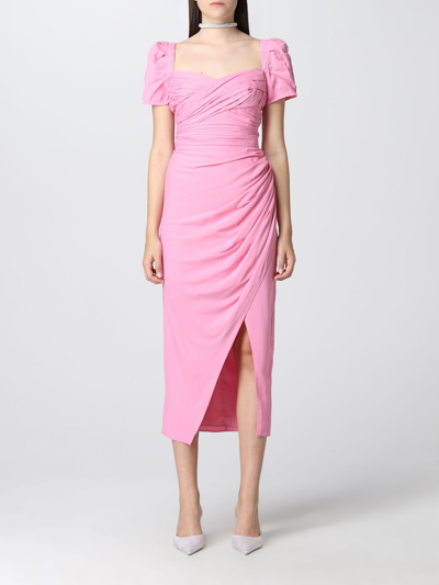 Self-portrait Pink Stretch Crepe Wrap Midi Dress In Fuchsia