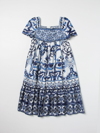 Dolce & Gabbana Girl Dress With Majolica Print In Gnawed Blue