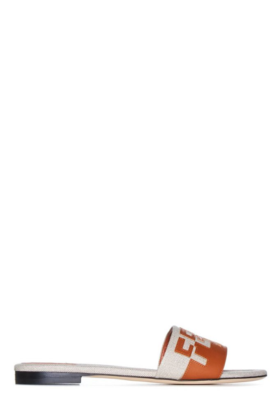 Fendi Canvas & Leather Logo Slide Sandals In Brown
