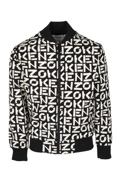 Kenzo Kids' Black / White Boys Bomber Jacket, All-over Logo Print, Low Ribbed Collar, Front Zip Closure, Long Sl