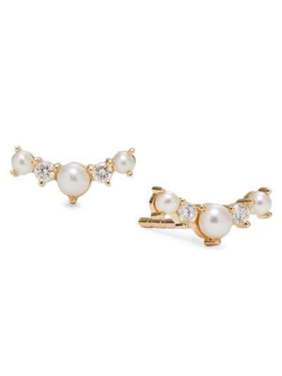 Saks Fifth Avenue Women's 14k Yellow Gold, 2-3mm Cultured Pearl & Diamond Stud Earrings