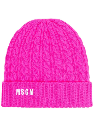 Msgm Embroidered-logo Cable-knit Beanie In Pink