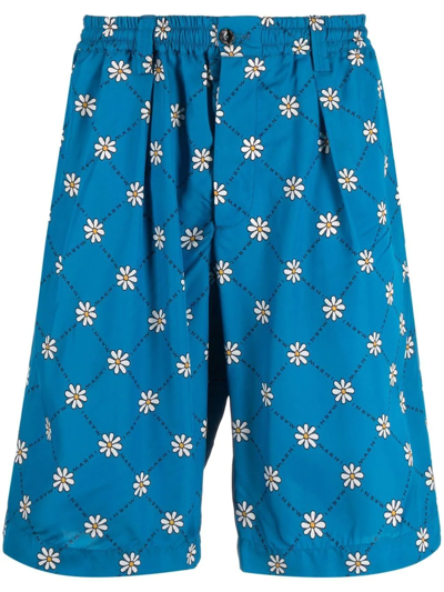 Marni Daisy-print Track Shorts In Blue