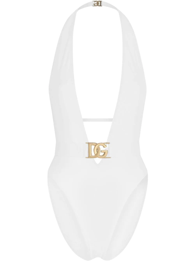 Dolce & Gabbana Plunge-neck Halterneck Swimsuit In White