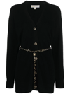 Michael Michael Kors M  Michael Kors Woman's Black Merino Wool Cardigan With M Chain Belt In Schwarz