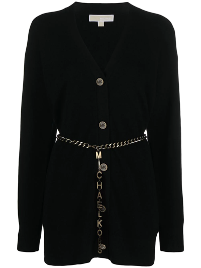 Michael Michael Kors M  Michael Kors Woman's Black Merino Wool Cardigan With M Chain Belt